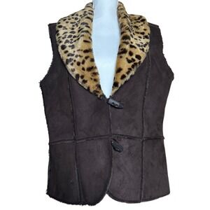 Leopard‎ Faux Fur Collar Vest Brown Suede Style Sleeveless Jacket XL